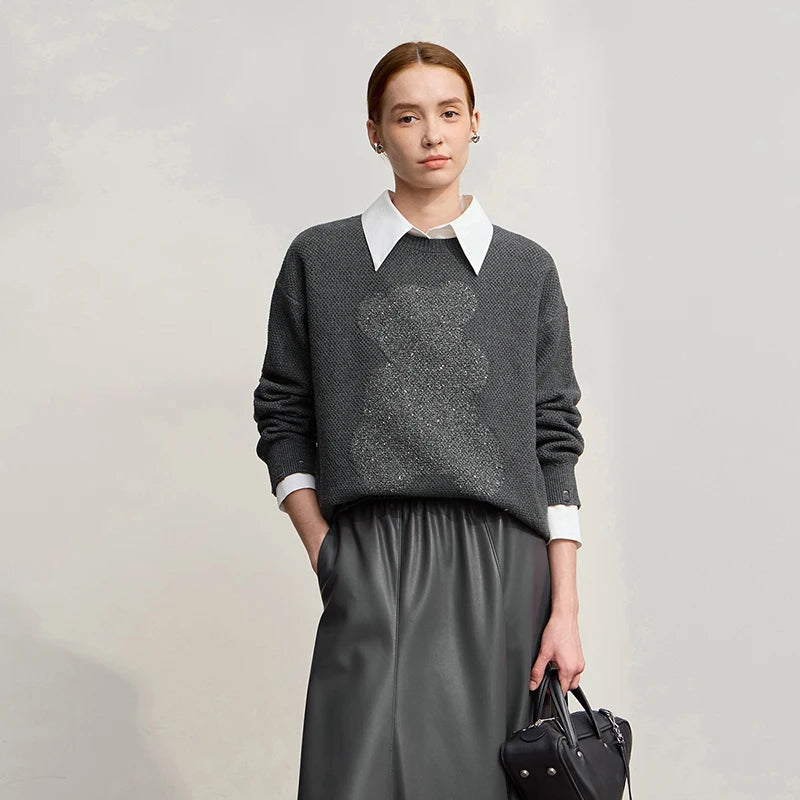 Damen-Rundhalspullover Jacquard Aushöhlung Perlenstickerei locker Winter