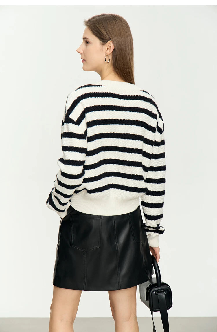 Damen-Strickjacke Baumwolle-Wolle Streifen Kontrastfarben locker Herbst