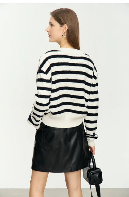 Damen-Strickjacke Baumwolle-Wolle Streifen Kontrastfarben locker Herbst
