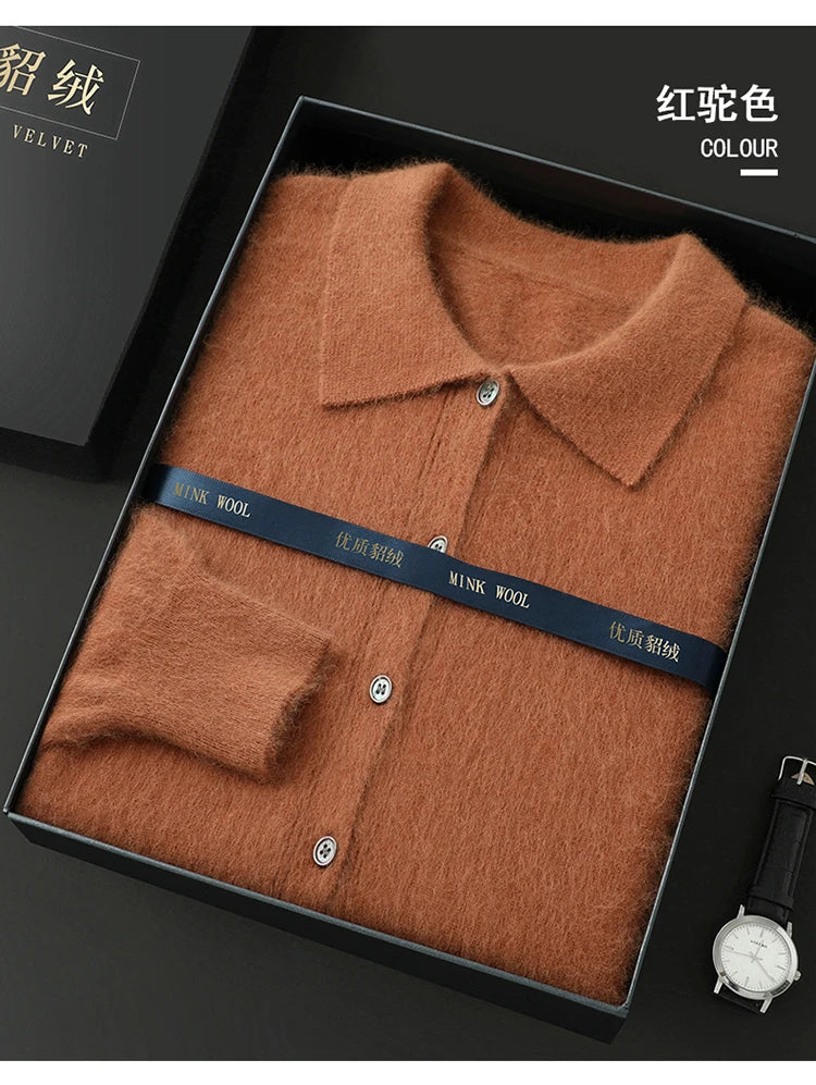 Maillard Polo-Kragen-Pullover für Herren, Herbst/Winter 2024, lässige Business-Männer, 100 % reiner Nerz-Kaschmir-Strickjacke, große Strickjacke