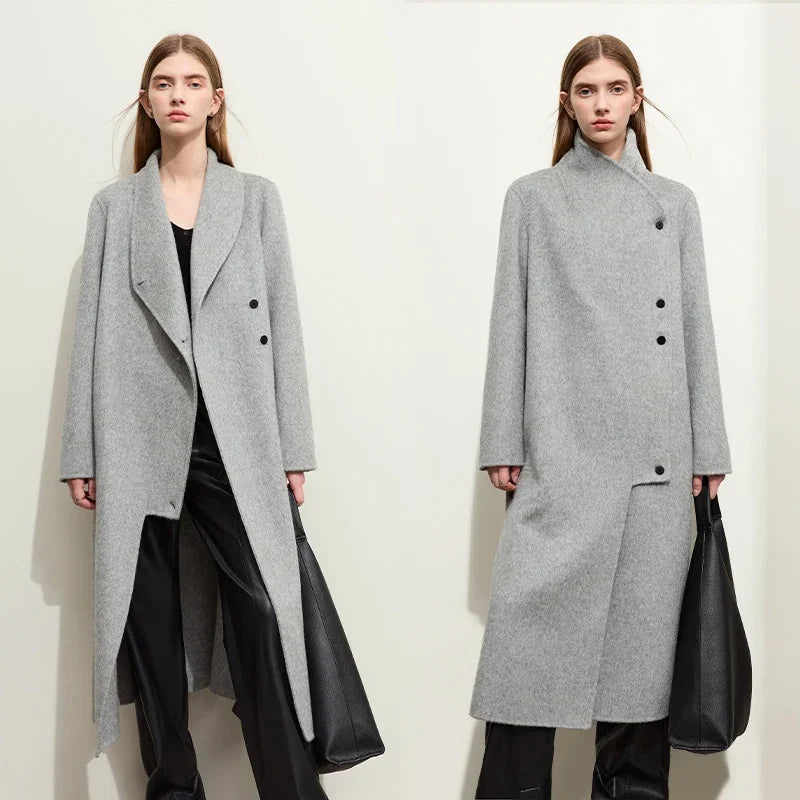 Damen Wollmantel im Minimalistischen Stil mit Stehkragen und Doppelseitigem Schlitz