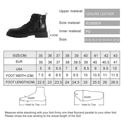 Größen- und Materialtabelle für Damen-Stiefeletten in Schwarz, Sohlen- und Längenwerte