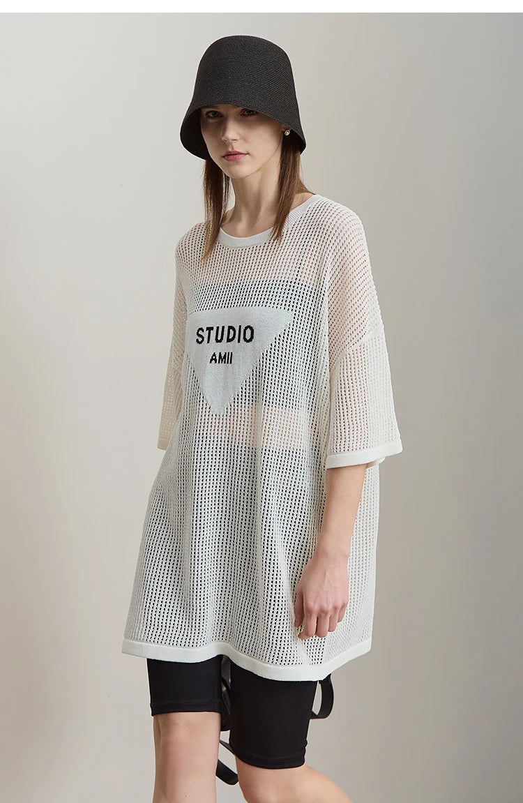 Damen-Rundhalspullover Buchstaben-Jacquard Halbarm locker Sommer