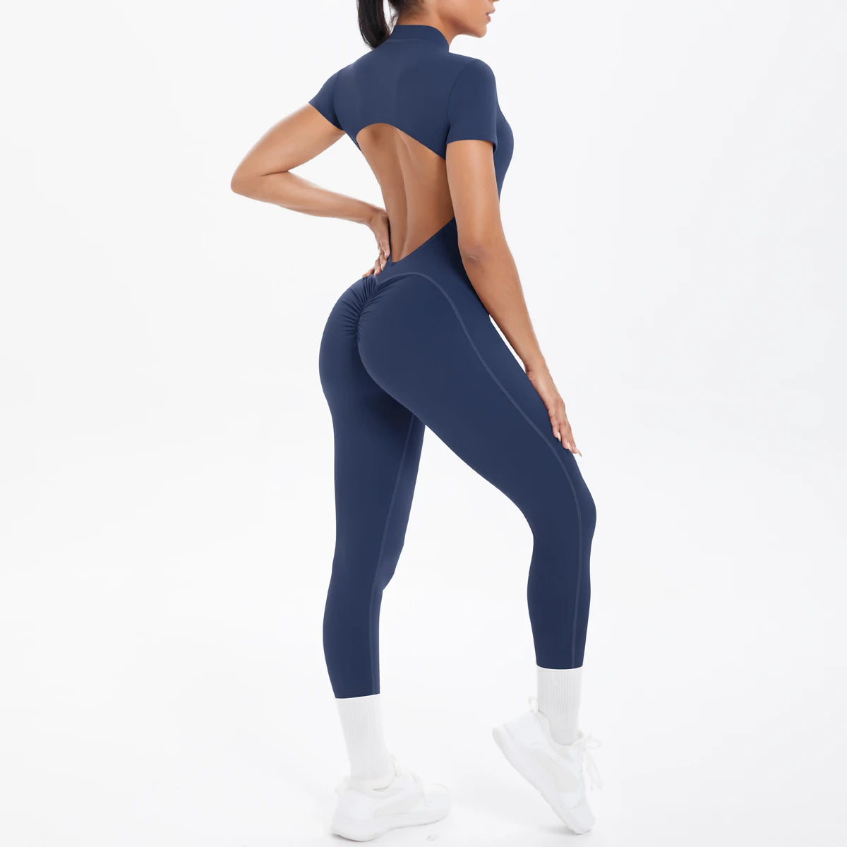 Rückenansicht: Kurzarm-Bodysuit mit Rücken-Cut-out, dunkles Marineblau, lange Beine