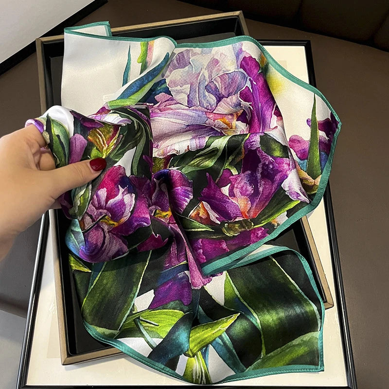 Damen Seidenschal 53cm quadratisch Blumenprint Luxus Halstuch Hijab Bandana B