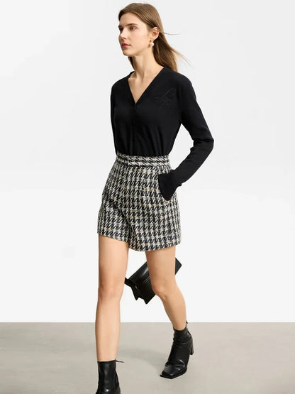 Damen Shorts im Retro-Stil mit kariertem Patchwork und Taschen