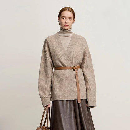 Damen V-Ausschnitt Cardigan lang Wolle-Mix offen Winter