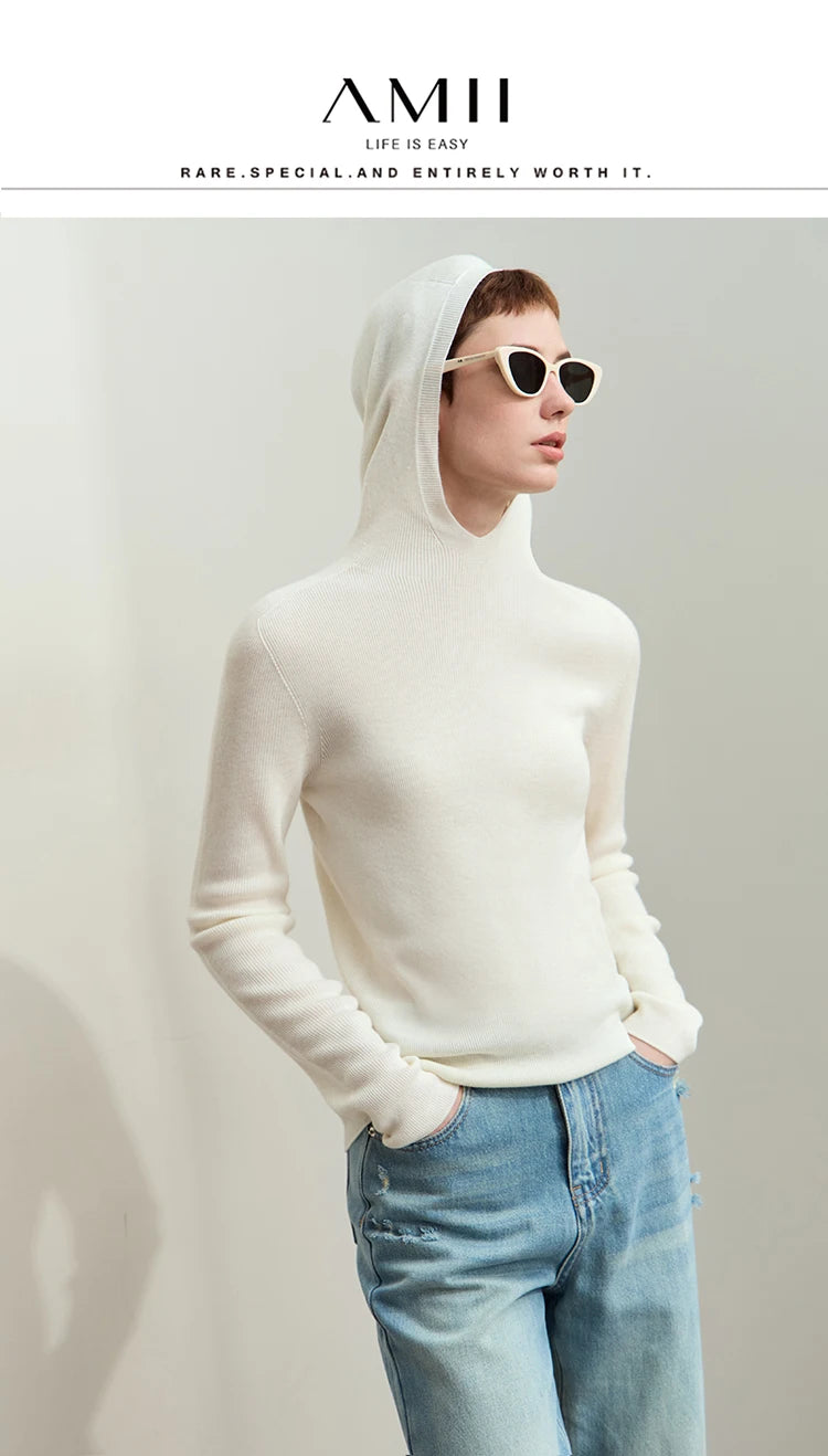 Damen-Kapuzenpullover Wolle-Polyester nahtlos gerade einfarbig Herbst