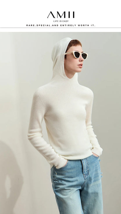 Damen-Kapuzenpullover Wolle-Polyester nahtlos gerade einfarbig Herbst