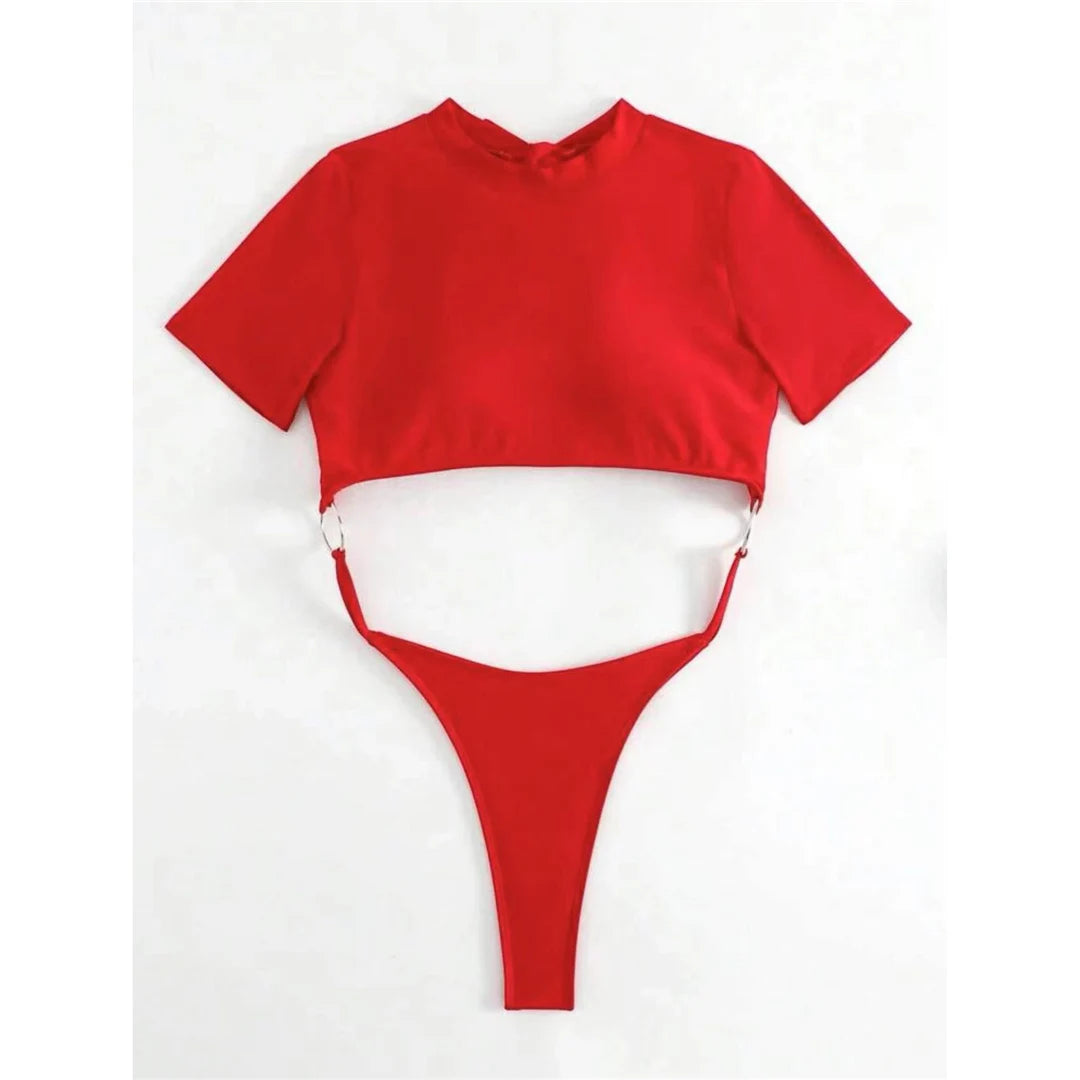Damen Badeanzug Micro Tanga Cut-Out Monokini Kurzarm 9 Farben