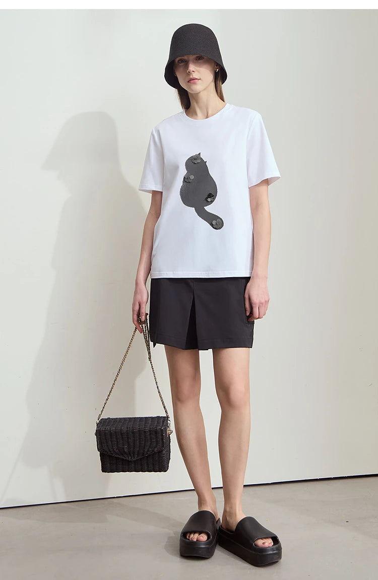 Damen T-Shirt im College-Stil aus leicht elastischem Lyocell mit minimalistischen Druck