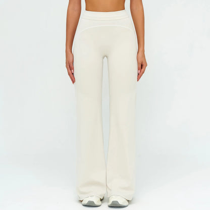 Damen-Yogahose hohe Taille, cremeweiß, locker sitzender Schlag mit klaren Linien