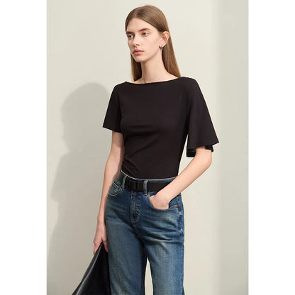 Damen T-Shirt im Minimalismus-Stil mit asymmetrischem Slash Neck und Raffen