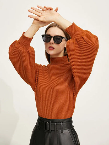 Kupferoranger Damen-Strickpullover mit Stehkragen, grobem Strick und langen Ärmeln