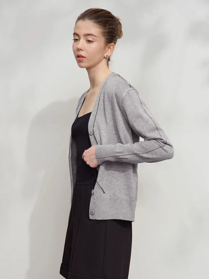 Damen-Strickjacke V-Ausschnitt Patchwork Raglan Wolle-Mix Herbst