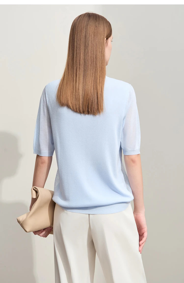 Hellblauer Damen-Strickpullover mit O-Ausschnitt, kurzarm, locker sitzend