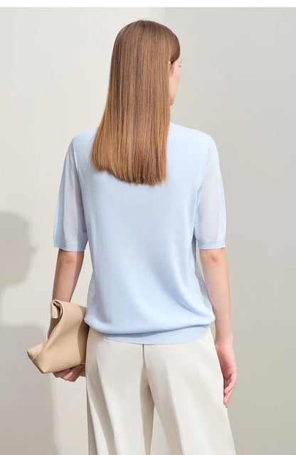 Hellblauer Damen-Strickpullover mit O-Ausschnitt, kurzarm, locker sitzend