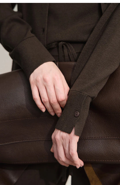 Damen-Strickjacke lang Seide-Wolle Umlegekragen locker Herbst