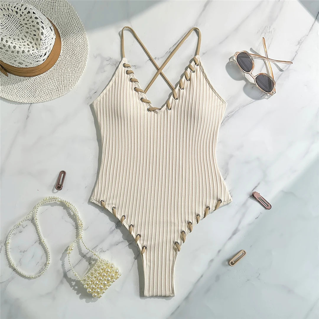 Damen Badeanzug V-Ausschnitt Rippen Kreuzrücken hoher Beinausschnitt Monokini 5 Farben