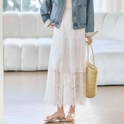 Damen A-Linie Rock aus Baumwolle mit eleganter Spitze und elastischer Taille