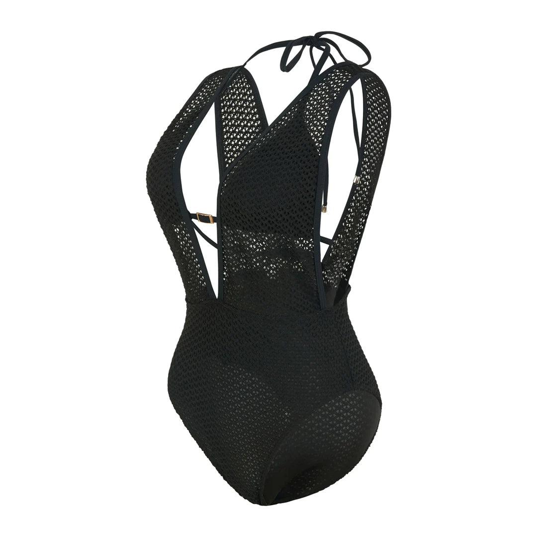 Damen-Badeanzug V-Ausschnitt Netzstrick rückenfrei Monokini Weste