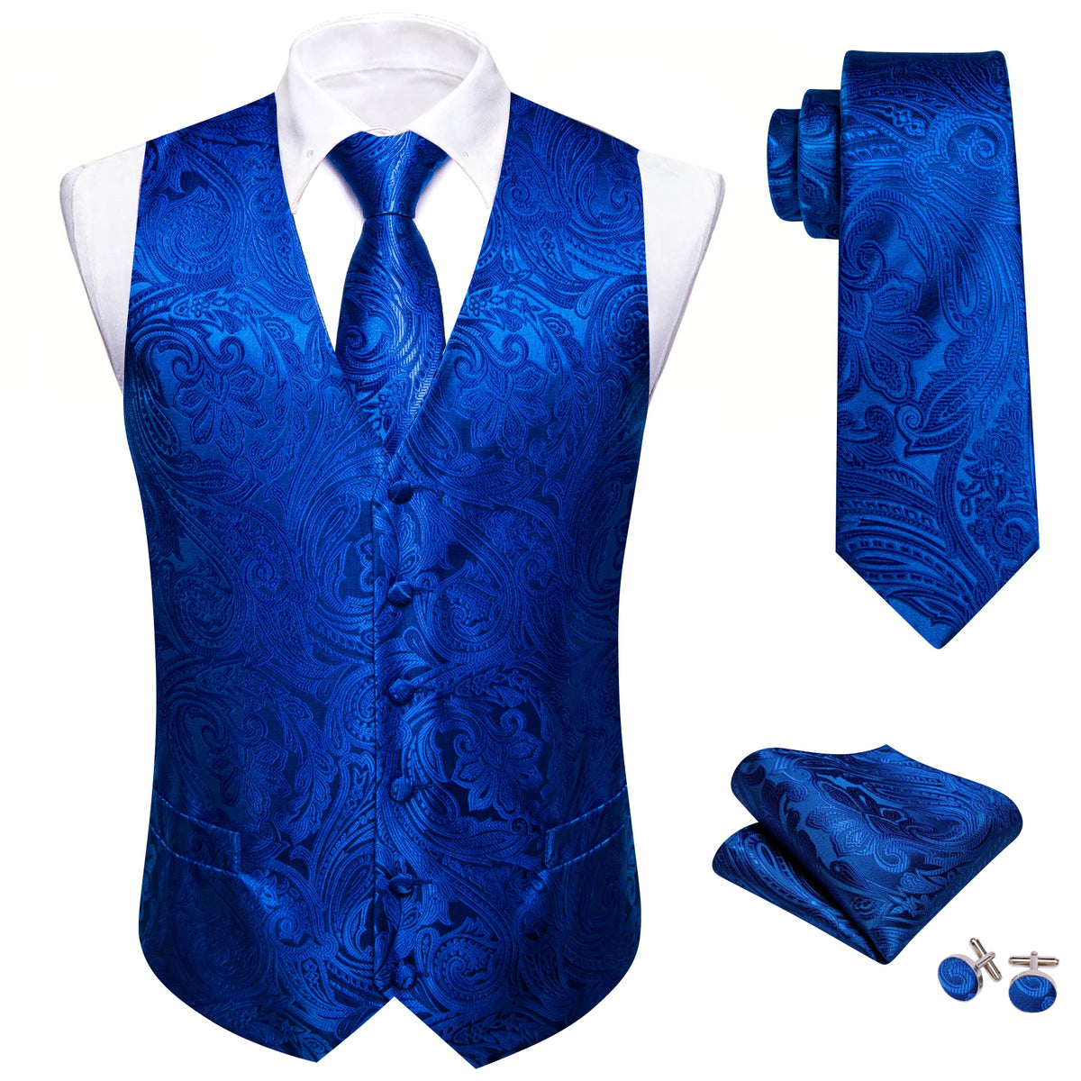 Elegante Jacquard-Herrenweste in Königsblau mit Krawatte, Einstecktuch und Manschettenknöpfen.