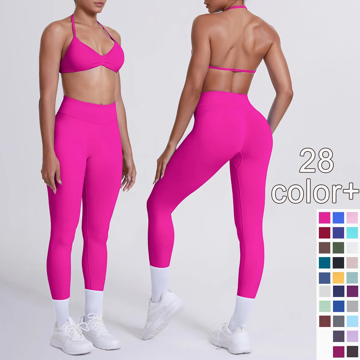 Yoga-Set aus Top und High-Waist-Leggings, pink, vorder- und rückseitig getragen