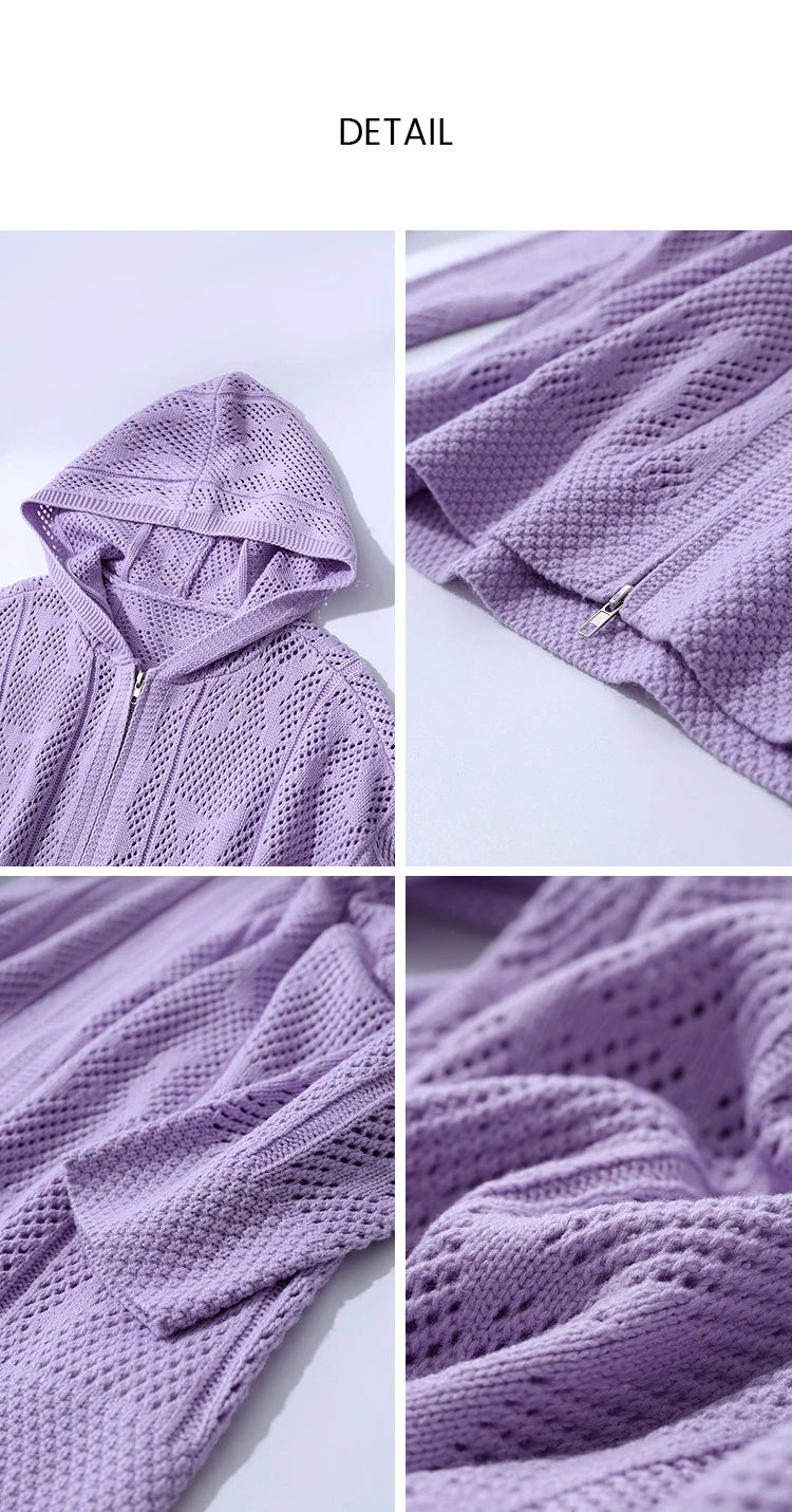 Damen-Strickjacke Kapuze Jacquard Hohlstrick Doppelreißverschluss locker Frühling