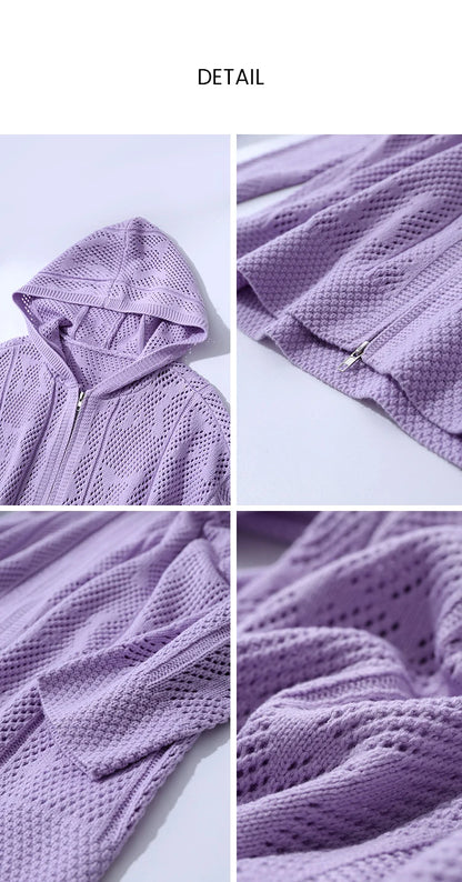 Damen-Strickjacke Kapuze Jacquard Hohlstrick Doppelreißverschluss locker Frühling