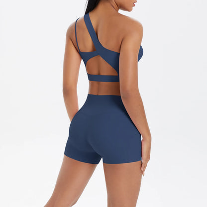 Frauen-Yoga-Set: dunkelblaues High-Waist Shorts-Set mit offenen Trägern am Rücken