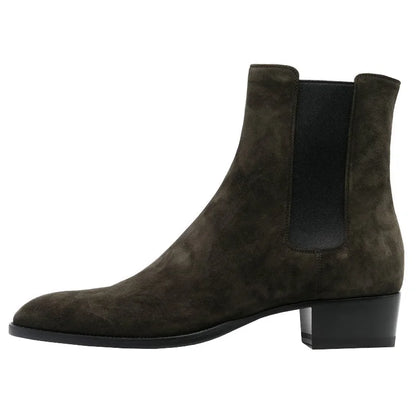 Chelsea-Boots aus Leder dunkelgrün, elastische Einsätze, Blockabsatz