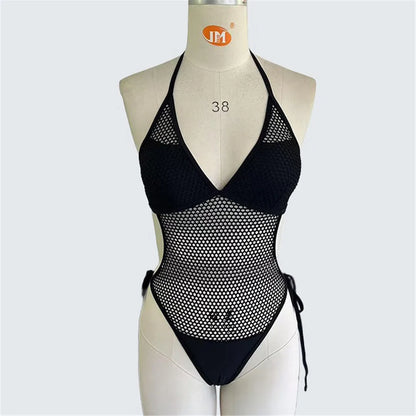 Damen-Badeanzug Fischnetz Mesh Neckholder rückenfrei gepolstert