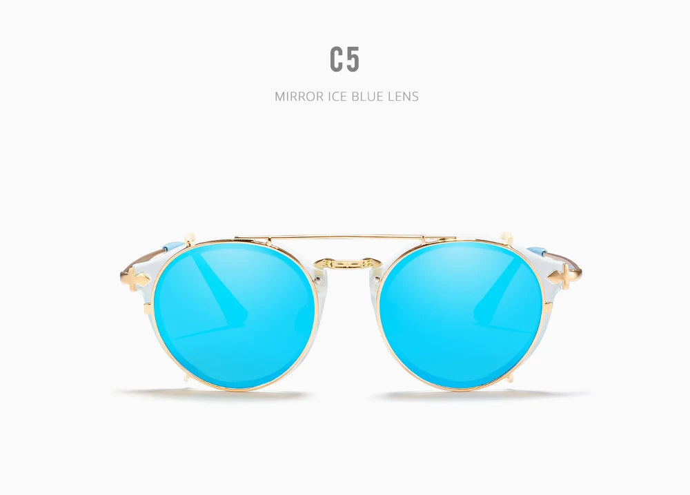 Sonnenbrille rund Steampunk Clip-On abnehmbar polarisiert Markenbox Herren