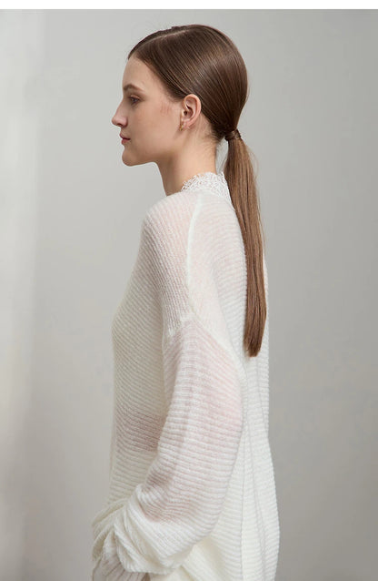 Damen V-Ausschnitt Pullover Mohair Spitze locker mittellang Frühling