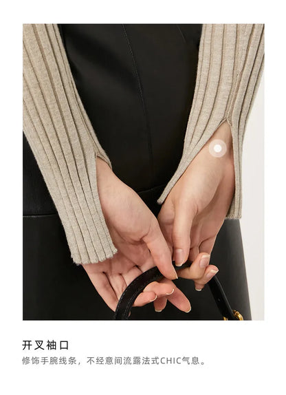 Damen-Strickjacke Polokragen Slim doppelreihig Wolle-Mix Frühling-Herbst