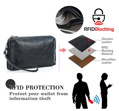 Schwarze Herren-Handtasche aus Leder mit RFID-Schutz, Reißverschluss und Trageriemen