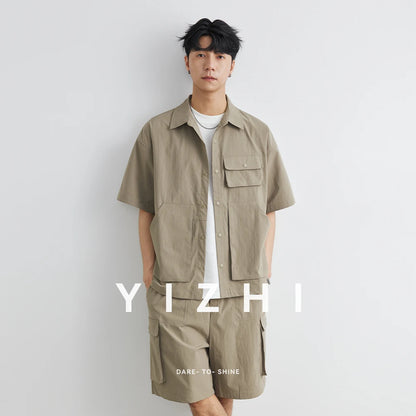 Männer Sommer Set mit losem Kurzarm Cargo-Shirt und Shorts im Casual-Stil