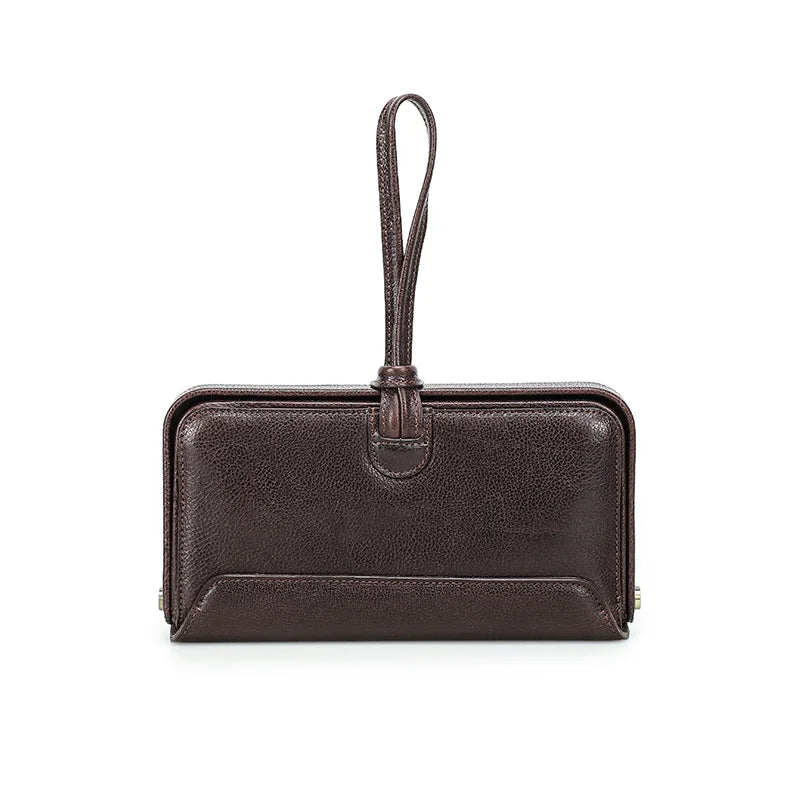 Damen-Handgelenktasche aus Echtleder, dunkelbraun, mit kurzem Tragegriff und Frontnaht