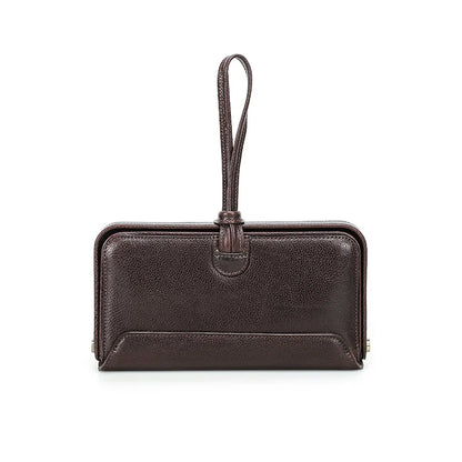 Damen-Handgelenktasche aus Echtleder, dunkelbraun, mit kurzem Tragegriff und Frontnaht