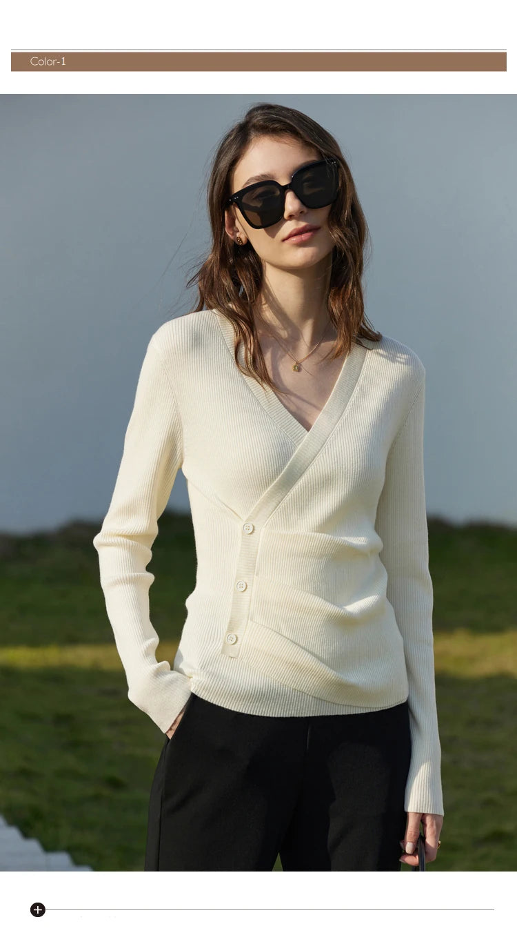Damen V-Ausschnitt Pullover Kaschmir Slim Shirring Büro Frühling