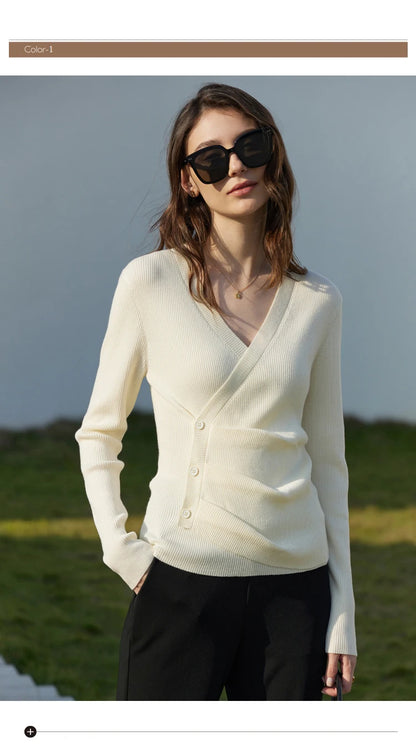 Damen V-Ausschnitt Pullover Kaschmir Slim Shirring Büro Frühling