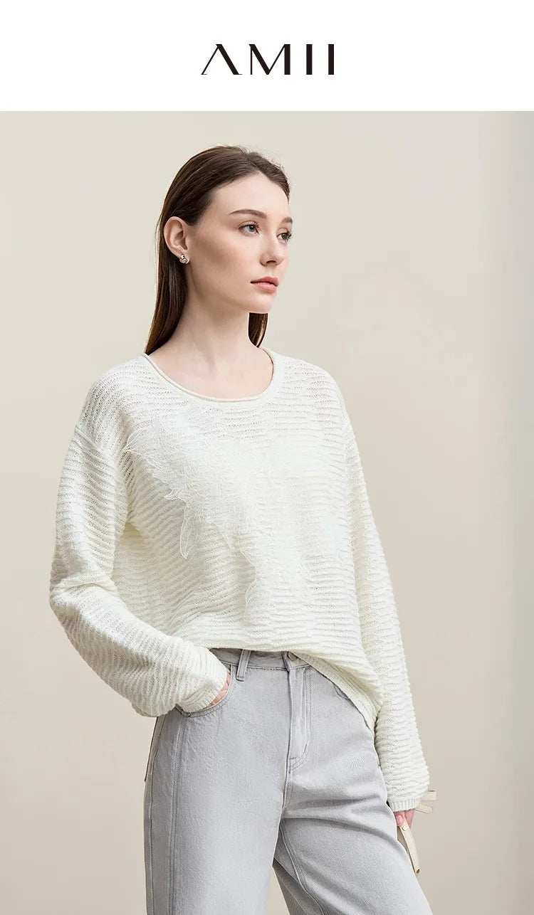 Amii Strickpullover in Creme mit Rundhalsausschnitt und langen Ärmeln, überschnittene Schultern