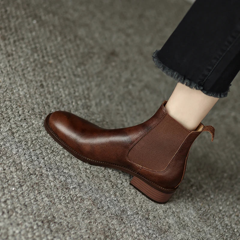 Chelsea-Boots Damen, braune Stiefeletten mit elastischem Einsatz und niedriger Profilsohle