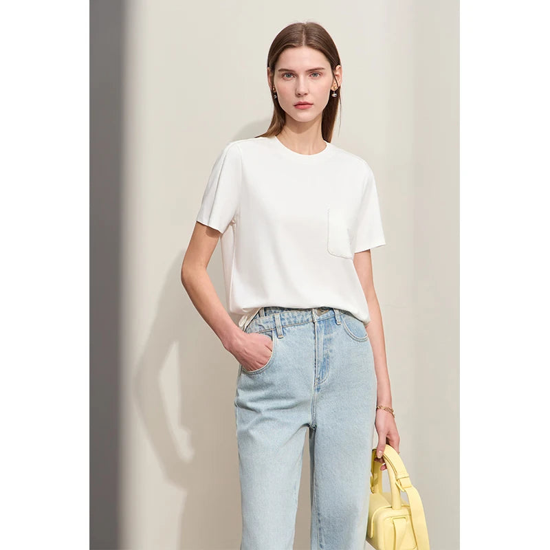 Damen Sommer-T-Shirts im minimalistischen Stil mit O-Ausschnitt und kurzen Ärmeln