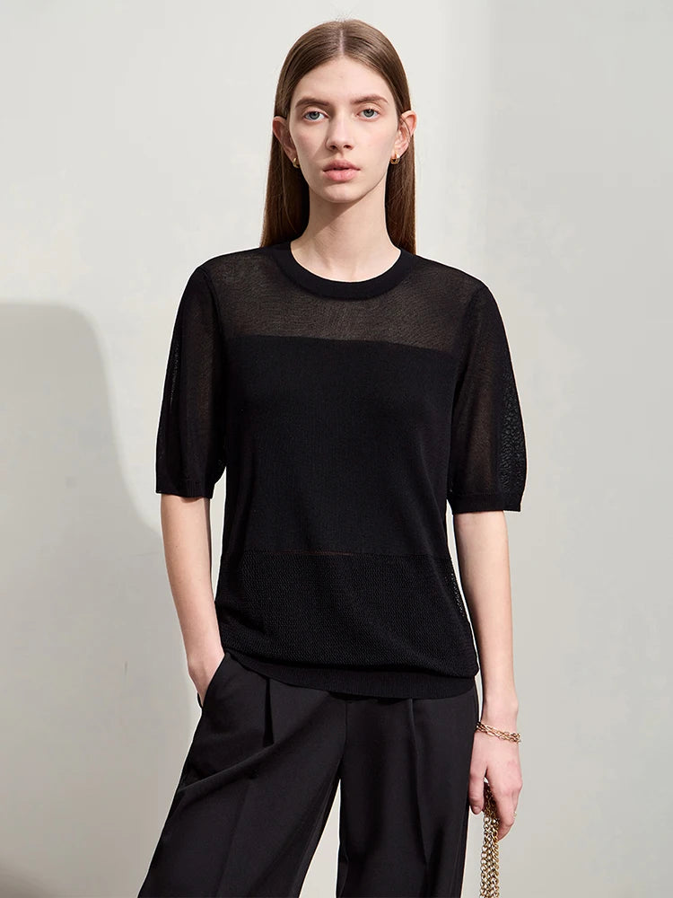 Damen-Strickpullover mit O-Ausschnitt, kurzärmelig, schwarzer feiner Maschenstoff