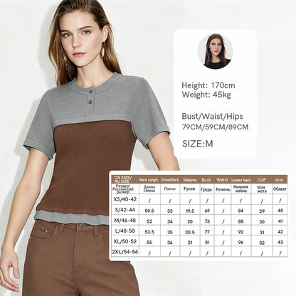 Damen-Rundhalspullover Farbblock Slim Kurzarm Viskose Büro Sommer