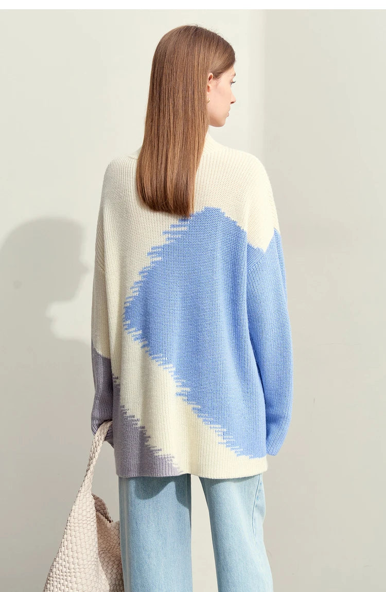 Damen-Rollkragenpullover Stickerei locker Winter Wolle-Mix
