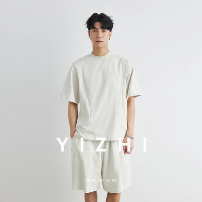Männer Sport Anzug mit einfarbigem Rundhals T-Shirt und Kordelzug Shorts