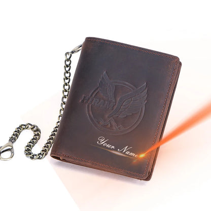 Herren Echtleder Geldbörse Trifold Metallkette RFID Kartenhalter Geldclip