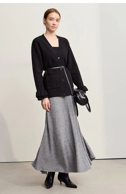 Damen-Strickjacke Wolle V-Ausschnitt Pendler einreihig locker Winter